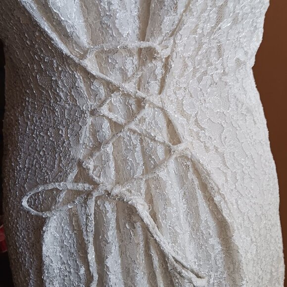 sz 8 Vintage Dawn Joy Ivory Lace Maxi Dress W/ Button Front/Corset Back 2 Piece - Picture 9 of 11